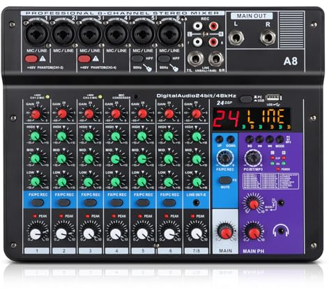 XTUGA A8 - Mezclador de audio de 8 canales con consola de mezcla USB, mezclador de audio Bluetooth y alimentación fantasma de 48 V, función de bucle de retorno, ideal para espectáculos y reuniones