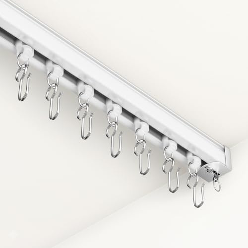 Houmiggle Ceiling Curtain Track System with Wall Mount, Silent Curtain Rail for Room Divider with Three Types of Hooks, 3ft - 6ft, White