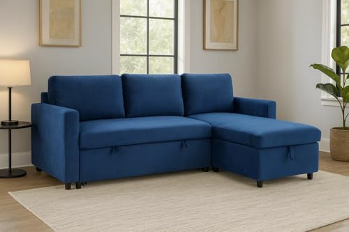 Happy Sofas Luna Plush Velvet 3-Seater L-Shaped Corner Storage Sofa Bed - Pull Out 2 In 1 Sectional Sleeper | Convertible Sofa Bed with Hidden Storage | Universal Corner Sofa for Living Room (Navy)