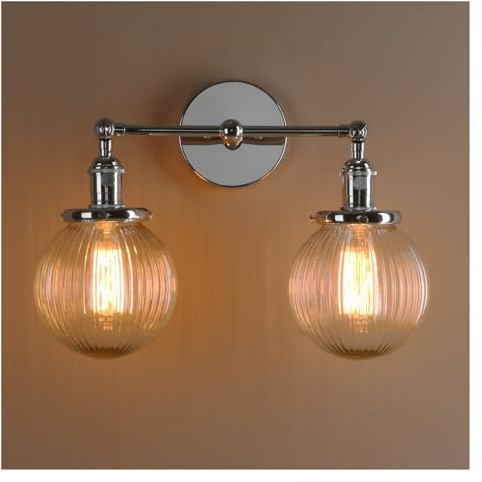 Aplique de Pared LED Industrial Moderno Vintage Doble, lámpara de Pared para Loft, Bar, Cocina, con Pantalla de Vidrio Transparente Acanalado (Cromo) (Color: Cepillado) (Cromo)