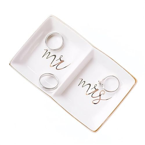 Mr. and Mrs. Ring Dish Ceramic Jewelry Ring Tray Holder for Engagement, Wedding, and Bridal Shower Gifts