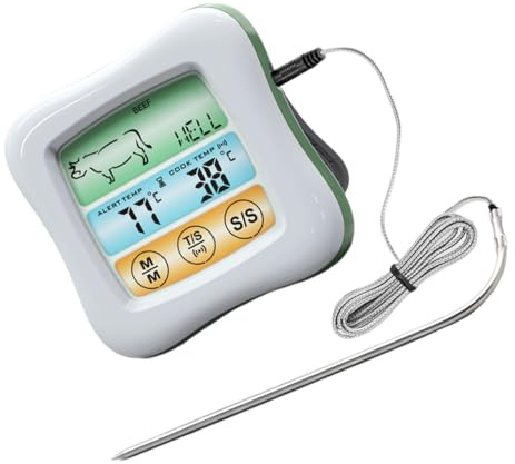 HIAKDOFT Termometro Digitale da Cucina con Sensore per Alimenti e Bbq Timer Integrato Display Touchscreen Colori Misurazione Temperatura in Strumento Compatto e Multifunzionale per Casa e