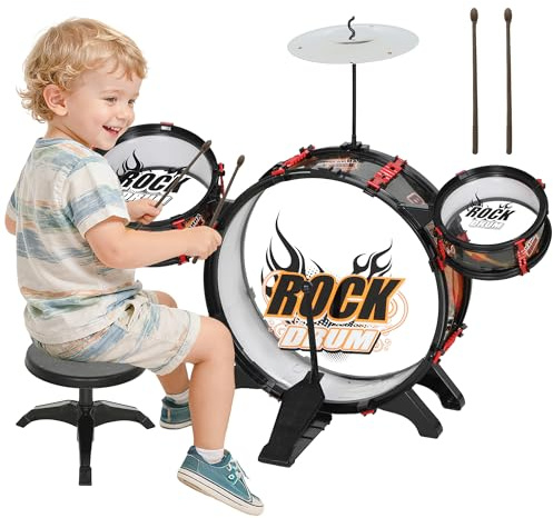 AIYAPLAY Set Batteria Giocattolo per Bambini con Sgabello da 3-6 Anni Nero | Gioco Musicale per Bambini, Tamburi, Grancassa, Piatti e Bacchette
