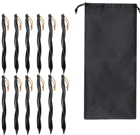 Estacas de aleación de aluminio de 25 cm, ligeras, con diseño en espiral para un agarre firme del suelo y cordón reflectante, resistente al viento (negro), 6 clavos