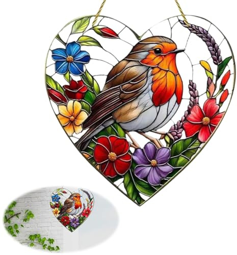 Large Heart-Shaped Robin Sun Catcher,Acrylic Window Hanging for Garden and Living Room Decor Sunlight Trap Suncatcher for Windows for Women Bird Decoration Garden Ornament（20x20cm）