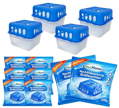 mucHome 4x Luftentfeuchter + 8x 400g Nachfüll-Packung, Raumentfeuchter für Bad, Keller, Auto gegen Feuchtigkeit, Schimmel und Gerüche, Granulat Luftentfeuchter Entfeuchter ohne Strom wiederverwendbar