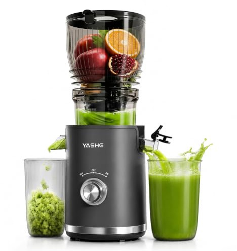 YASHE Extractor de Zumos Lento 300W, Boca 148 mm para Frutas y Verduras Enteras, con Función Marcha Atrás, Motor Silencioso, Sin BPA, Fácil Limpieza