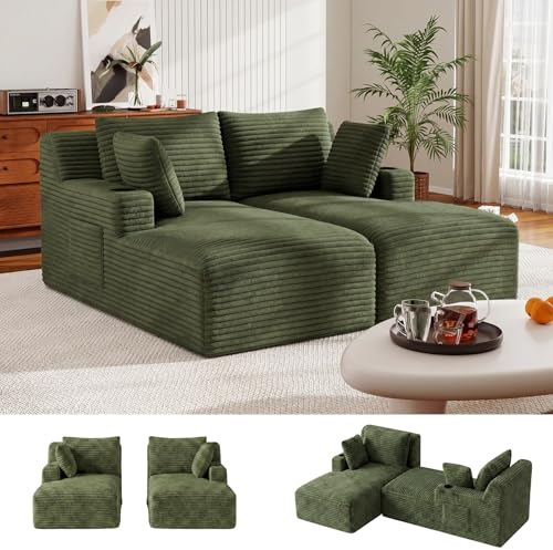 HAUSPROFI Schlafsessel Cord mit Getränkehalter & Seitentaschen, Grün | Schlafsofa , Boneless Couch, Cord Couch mit Schlaffunktion, Bodensofa mit Chaiselongue für Wohnzimmer, 183 * 160 * 84