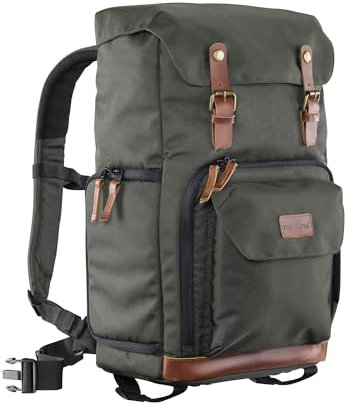 Mantona Luis Retro Fotorucksack grün mit Leder, Kamerarucksack inkl. Regenschutzhülle, Fototasche mit Laptopfach, Backpack geeignet für 1 x DSLR-Kamera, 3 x Objektive und diverses Fotozubehör