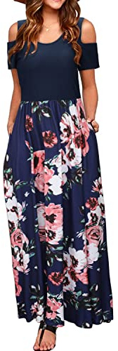 STYLEWORD Women's Summer Cold Shoulder Short Sleeve Maxi Dress Floral Print Elegant Long Dress with Pockets