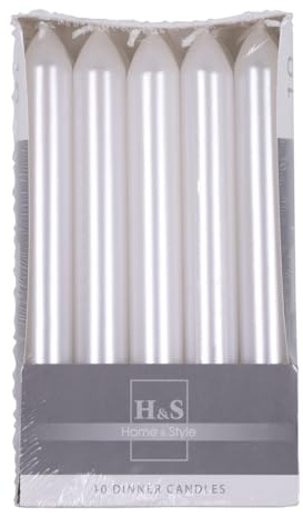 DONAU HOME Set Glatte Lackiert Stabkerzen/Metallic Weiß / 10 Stück im Karton / 17 x Ø 2 cm Unparfümiert/Zylindrische/Tafelkerzen zur Dekoration im Wohnzimmer, Bad / 6 Stunden Brenndauer