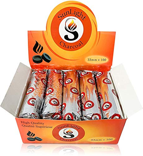 Sunlight® Charcoal Tablets for Incense– Quick Light Charcoal Tablets – Charcoal Disk Lights – 33 mm Resin Burner Rolls – – Charcoal Burner - Instant Fire Coal Tablet (100 Count (Pack of 1))
