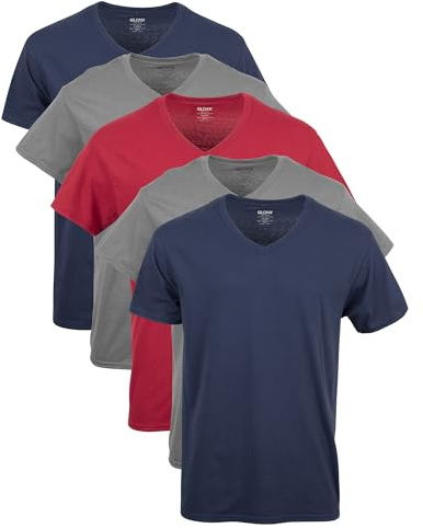 Gildan Men's V-Neck T-Shirts, Multipack, Style G1103 Undershirt, Navy/Charcoal/Cardinal Red (5-Pack), L