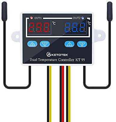 KETOTEK Digitaler Temperaturregler 230V mit 2 Wasserdicht fühler, Heizung Kühlung Temperaturschalter 220V für Aquarium Inkubator Gewächshaus Gefrierschrank Kühlschrank Temperaturwächter