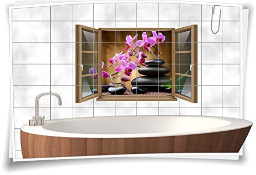 Medianlux Wand-Tattoo Wand-Bild Fenster SPA Wellness Orchideen Steine Entspannung Deko Wohnzimmer Küche Aufkleber Folie Digitaldruck, 90x58cm, 15x20cm (BxH)