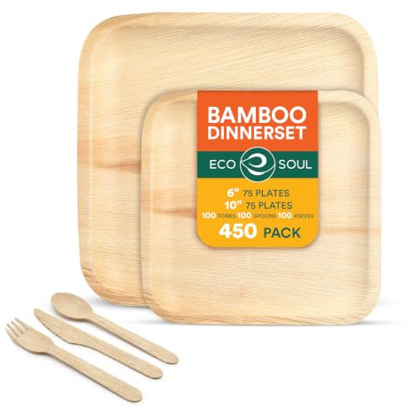 ECO SOUL Juego de vajilla de hoja de palma 100% compostable para 75 invitados [platos cuadrados de 10 y 6 pulgadas, 75 unidades cada uno | tenedor, cuchillo, cuchara, 100 unidades cada uno] |