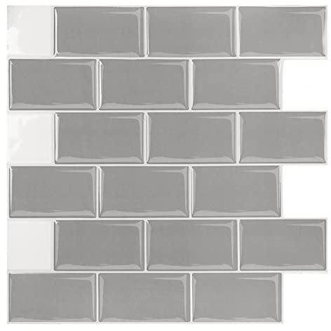 Aufun 3D Fliesenaufkleber 30cm x 30cm,10 Stück Küche Bad Metro Fliesen PVC Klebefliesen Mit Glänzend, Selbstklebendes Wasserdichtes, Wandfliesen Dekor (Grey)