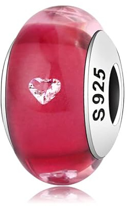 Charm Murrina Silicone Rouge Coeurs Rose Argent 925 - Les Folies (Modèle Pandora), Silicone Argent sterling, Zircone cubique