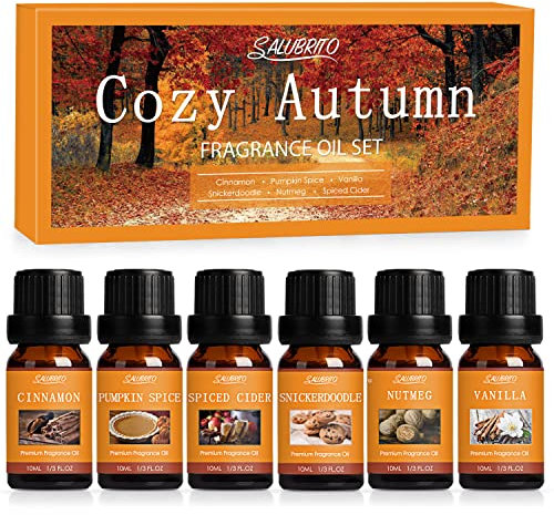SALUBRITO Autumn Essential Oils Set, Premium Fragrance Oils for Diffuser, Home, Candle, Soap Making, Aromatherapy Oil Gife Set, Cinnamon, Pumpkin Spice, Spiced Cider, Snickerdoodle, Vanilla, Nutmeg