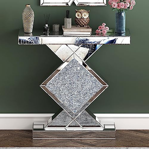 SHYFOY Verspiegelter Konsolentisch, Eingangstisch mit gebrochenem Diamanten, Flurtisch mit Glasplatte, Sofatisch für Wohnzimmer, Flur, Schlafzimmer