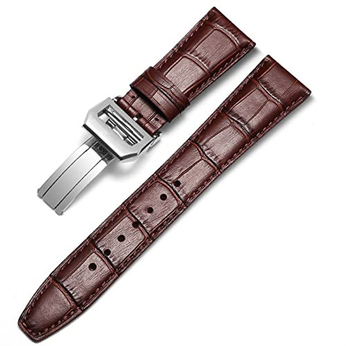 BONOOL Uhrenarmband für IWC-Fliegeruhren Portofino PORTUGIESER Herrenarmband-Uhrenzubehör Echtleder-Uhrenarmband Uhrengürtelkette (Farbe: Braun-Silber-Verschluss2, Größe: 21 mm)