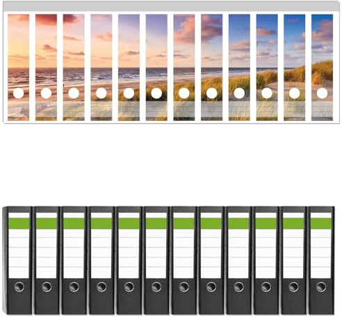 Wallario 12 Stück breite Ordner inkl. Klebeetiketten mit Motiv Abendspaziergang am Strand - Sonnenuntergang über dem Meer - Set mit Rückenschildern/Ordnerrücken Stickern