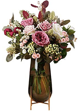 GLigeT Fleurs Artificielles Hortensia de Fleurs artificielles avec Vase en Verre, Rose en Soie en Pot, Bouquet for décoration de Mariage, de Maison et de Bureau (21.65 Pouces) Fausses Fleurs