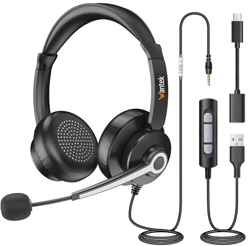 Wantek 786FUSB Casque avec câble antibruit Microphone USB 3,5 mm mâle et Adaptateur de Type C pour Ordinateur PC Portable Centre d'appels à Domicile et Bureau