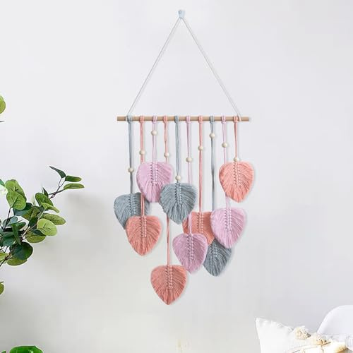 HNLMZ Makramee Wandbehang Handgemachte Boho Wanddeko Wandteppich,Gewebte Makramee Wandteppich mit Holzperlen und Blätter für Wohnzimmer, Schlafzimmer, Hochzeit, Urlaubsdekorationf(Rosa)