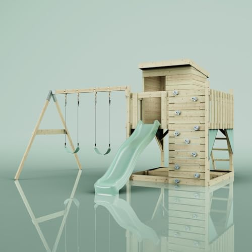 PolarPlay Spielturm Björn aus Holz in Grün Kinderschaukel