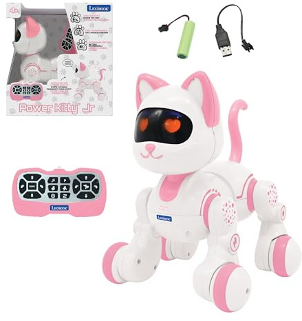 LEXIBOOK, Power Kitty Jr., Gato Robot teledirigido para Entrenar, Se menea como un Gato Real, Ojos interactivos, Programable Stem, Batería Recargable, Rosa/Blanco, KIT01