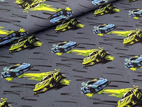 Eigenproduktion Baumwolljersey Speed Autos auf Jeans Graublau Stoff Meterware Kleiderstoff Rennautos