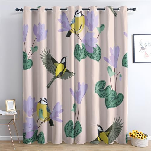 Vogel Lila Geblümt Vorhänge, Verdunklungsvorhänge mit Muster Grüne Blätter, Vorhang Blickdicht mit Ösen, Gardinen für Wohnzimmer Schlafzimmer Kinderzimmer Deko 2er Set - 160x132 (H X B) (Kl-&12)
