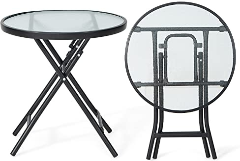 GYMAX Tavolino Pieghevole in Vetro da 46 cm per Patio, Tavolino Rotondo Portatile con Piano in Vetro Temperato, Struttura in Acciaio, Piccolo Tavolino Pieghevole
