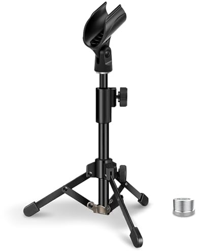Desk Mic Stand, JCWINY Portable Foldable Microphone Tripod with Mic Clip Holder Adjustable Table Microphone Stand for Blue Yeti Snowball Spark and Other Dynamic Microphones