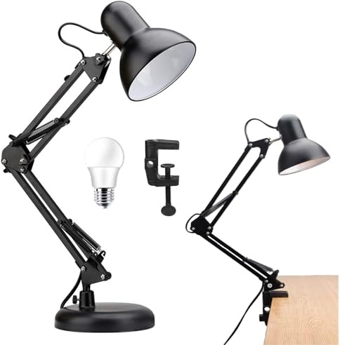 Motowolf Swing Arm Desk Lamp with Clamp, Adjustable Flexible Gooseneck Metal Table Lamp for Home Office, Work, Study, Reading, E27 Bulb Included, Multi-Joint, Black