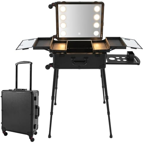 VonVVer Kosmetikkoffer Trolley mit 8 Beleuchtung - Kosmetikkoffer Groß mit Spiegel Make up Koffer Verstellbare Beinhöhe Schminkkoffer mit Rollen Friseurkoffer (Schwarz)