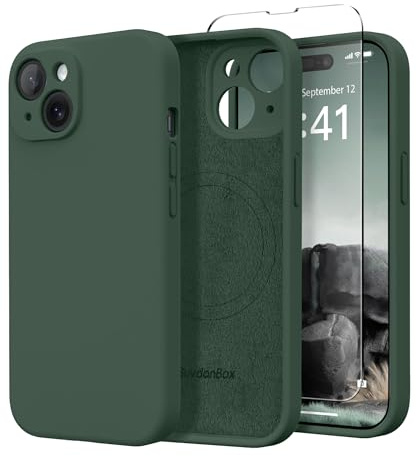 SuydanBox Magnetische Hülle für iPhone 13, Kompatibel mit MagSafe, [vollständiger Kameraschutz] [Displayschutzfolie] Stoßfeste Silikon-Schutzhülle für iPhone 13 6,1 Zoll, Alpingrün