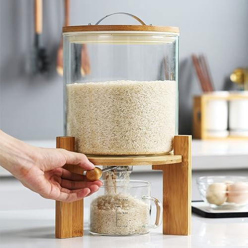 Aocay Dispensador de Arroz Cristal, 5L/8L con Tapas, Contenedor de Almacenamiento de Arroz, Hermético con Vaso Medidor, Capacidad Opcional (5L)