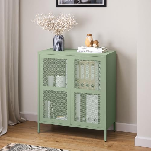 skølm Zephyr Metall Kommode, Sideboard, Mintgrün, mit Füßen, Push-to-Open | Mehrzweckschrank mit flexiblem Einlegeboden, Metallschrank, 2 Fächer, Industrial Highboard, Flurschrank, Stauraumschrank