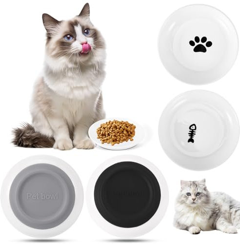 SUNJULY Cat Bowls, 4-Piece Ceramic Cat Bowls, 5.9-Inch Cat Food Bowl, Whisker Fatigue kitten Bowl, Kitten Dishes And Bowls With Non-Slip Mat And Prevent Cats Black Chin,Cats Dishes And Bowls