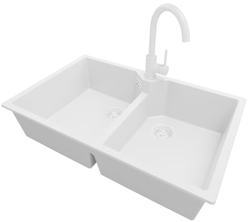 PRIMAGRAN Fregadero Granito al Mueble 80cm + Grifo, 78x50cm | Set: Grifo BW5010 + Kit de desagüe (sifón, válvula, rebosadero) + Madrid Twin 2 Senos para Cocina, Todo Blanco