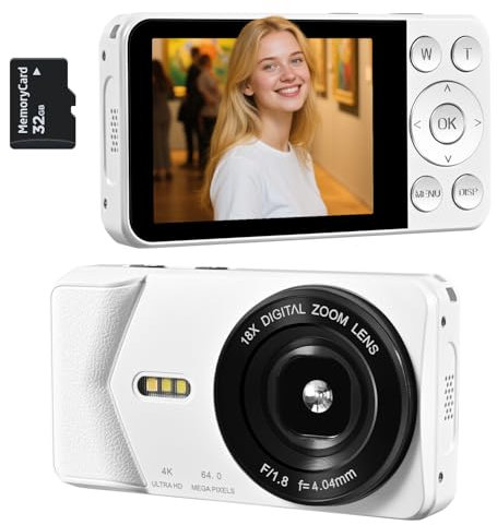 Appareil photo numérique 4K UHD, caméra de vlogging autofocus 64 MP, zoom 18x, appareil photo numérique compact avec anti-secousses et batterie intégrée, petite caméra de voyage pour adultes