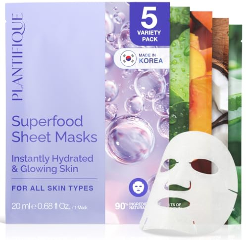 PLANTIFIQUE Koreanische Gesichtsmaske 5-Pack mit Superfoods & Hyaluronsäure - Aloe Vera, Pfirsich, Kokosnuss, Centella, Kollagen & Coenzym Q10 - Hydrierend & Straffend Tuchmasken - Face Mask