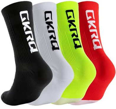 GKRQ Calcetines de Ciclismo, Pack de 4 Pares, Negro/Blanco/Verde/Rojo, Transpirables, Media Caña, Unisex Anti-Blister, Breathable, Quick-Drying - Arch Support - Durable Nylon - One Size Fits All