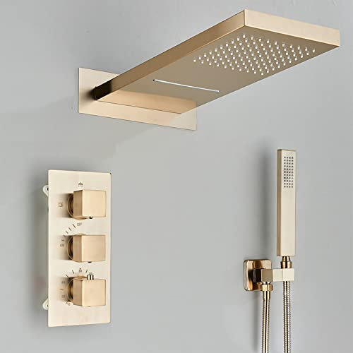 DLAZUM Soffione Doccia a Cascata termostatico, soffione Doccia con doccetta, Set Rubinetto Doccia a Parete in Ottone, Rubinetto Doccia per Bagno di Lusso Spazzolato d