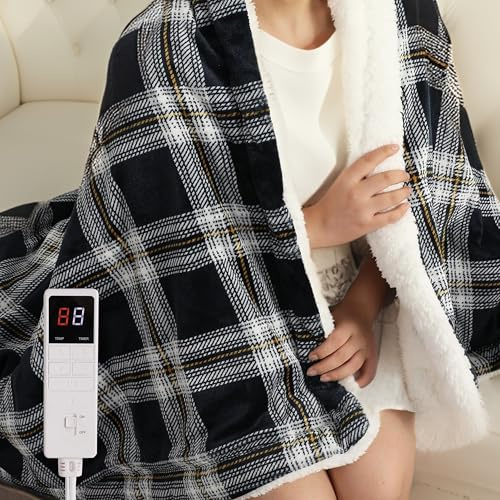 Centhermy Electric Heated Blanket Single – Plaid Print Throw with 9 Heat Settings & 9H Timer, Fast Heating & Overheat Protection, 130x160cm – Navy, White, Blue & Yellow