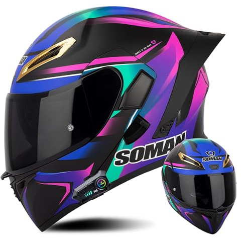 Frcychri Casque Intégral Moto Bluetooth Rabattable, Homologué ECE avec Visière Solaire, Lunette, Design Arrière Modulable pour Adultes Hommes Femmes 3,Small