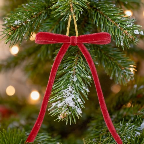 G2PLUS 24pcs Fiocchi di Natale in Velluto: Fiocchetti Rosso Regalo 13x18 cm con filo 15 cm, per Albero di Natale, Confezioni Regalo e Decorazioni Matrimoni