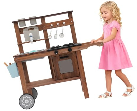 Cuisine de jeu d'extérieur pour enfants à partir de 3 ans - Cuisine de jeu pour l'extérieur en bois avec robinet et plaque de cuisson - Jouet de cuisine mobile pour enfants à partir de 3 ans - Pour